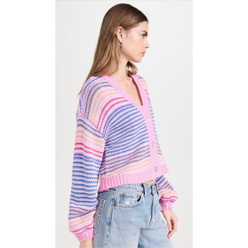 Show Me Your Mumu Pink Multi Stripe Cropped Relaxed Fit Button Up Cardigan 90s - Picture 6 of 16